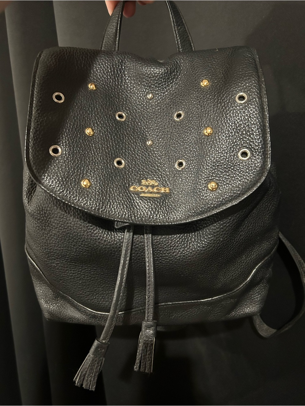 Coach Black Pebbled Leather Grommet Drawstring Backpack - Picture 1 of 11